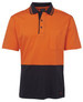 An orange and navy cotton polo shirt featuring a collar, buttons, and a pocket, with a logo.