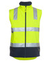 High-visibility softshell vest in bright yellow with reflective silver stripes and a navy blue base. Features a zipper and logo.