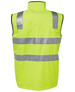 A high-visibility safety vest in bright yellow with reflective stripes. It features a sleeveless design and a logo.