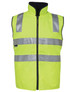 A high-visibility vest in bright yellow with grey reflective stripes and a zip closure. Features a branding logo.