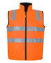 An orange safety vest featuring reflective stripes, designed for visibility and safety, with a front zipper and black collar.