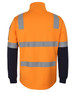 A fleecy 1/2 zip sweater in bright orange and navy with reflective strips and a logo on the sleeve.