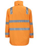 A high-visibility orange jacket featuring reflective strips and a zip-off sleeve design. Includes a logo.