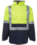 Lime and navy work jacket featuring reflective strips and a collar, designed for visibility and safety.
