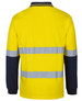 A long-sleeve cotton polo shirt in bright yellow with navy blue sleeves and reflective strips. It has a logo.