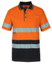 An orange and black striped short-sleeve cotton polo shirt with reflective strips and a chest pocket.