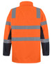 A high-visibility orange jacket with reflective grey stripes, featuring a black section on the sleeves and a collar.