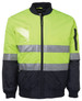 A high-visibility jacket in fluorescent yellow and navy, featuring reflective stripes and a logo.