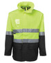 A high-visibility jacket in bright yellow and black with reflective stripes and a pocket. Features a hood and front fastening.