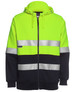 A high-visibility hoodie in fluorescent yellow and black, featuring reflective stripes and a hood, with a logo.