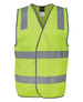 A high-visibility safety vest in bright yellow with reflective grey stripes and a logo.