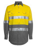 High-visibility long-sleeve work shirt in yellow and grey, featuring reflective stripes and two front pockets.