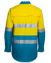 A long-sleeve work shirt in bright yellow and teal, featuring reflective stripes and a logo.