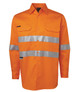 An orange long-sleeve work shirt featuring two reflective stripes and a logo on the pocket.