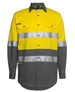 A long-sleeve work shirt in bright yellow and grey, featuring reflective stripes and a logo on the chest.
