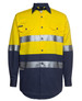 A yellow and navy work shirt with reflective stripes and two chest pockets. Features a logo on the left side.