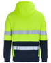 A high-visibility yellow hoodie with reflective stripes and a navy hood and bottom sections. It has a logo.