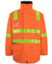 An orange work jacket featuring reflective green strips and a pocket, designed for visibility and safety.