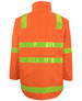 A bright orange jacket with reflective green stripes, featuring a collar and a zip-off sleeve design.