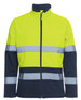 A high-visibility three-layer softshell jacket in fluorescent yellow and navy, featuring reflective stripes and a zip closure.