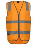 An orange zip safety vest with grey reflective stripes and a front pocket, featuring a logo.