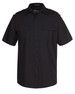 A short-sleeved black button-up shirt with two chest pockets and a logo on the collar.