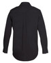A black button-up shirt featuring long sleeves and a back pleat, with a subtle logo on the collar.