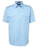 A short-sleeved button-up shirt in light blue with two chest pockets and a logo on the collar.