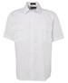 A white button-up shirt featuring two chest pockets and short sleeves. The shirt has a logo on the collar.