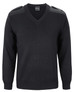 A black knitted jumper featuring a V-neck and epaulettes on the shoulders. It includes a logo on the label.