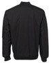A black bomber jacket featuring a ribbed collar and sleeve details, with a logo on the sleeve.