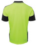 A high-visibility green polo shirt with black contrast piping and a logo. Suitable for workwear.
