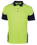 A neon yellow and navy work polo shirt featuring contrast piping and a chest pocket. It has a logo displayed.