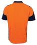 A bright orange and navy work polo shirt with contrast piping and a logo on the back.