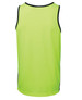 A bright yellow-green work singlet with contrasting black trim and a logo on the back.