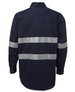 A navy work shirt with silver reflective stripes, featuring long sleeves and a back view. It includes a branding logo.