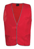 A bright red tricot work vest featuring grey trim, with a pocket on the front and a logo on the label.