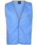 A blue tricot vest with grey trim, featuring pockets and a label inside. It has a logo on the label.
