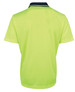 A lime green polo shirt with a collar, featuring a branding logo. Back view displays a simple design.