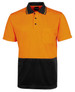 An orange and black polo shirt with a pocket and a logo, designed for workwear.