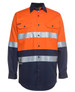 A long-sleeved work shirt in orange and navy, featuring reflective stripes and a branding logo.
