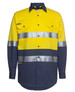 A long-sleeved work shirt in yellow and navy, featuring reflective stripes and a logo on the upper left.