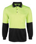 A long-sleeved polo shirt in high visibility lime green and black, featuring a pocket and a logo.
