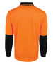 An orange and black long-sleeve polo shirt featuring a collar and contrasting sleeve details, with a logo present.