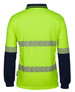 A long-sleeved polo shirt in high visibility yellow with navy blue sleeves and reflective stripes. It has a logo on it.