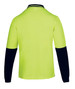 A long-sleeved polo shirt in lime green with navy blue sleeves, featuring a logo on the front.