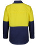 A long-sleeved fishing shirt in yellow and navy with a back design and a visible logo.