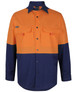 A long-sleeved fishing shirt in orange and navy blue, featuring two chest pockets and a logo.