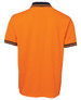 An orange polo shirt featuring a navy collar and striped cuffs, with a logo on the side.