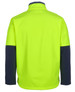 A high-visibility softshell jacket featuring a neon yellow body and navy blue sleeves, with a collar and a logo.